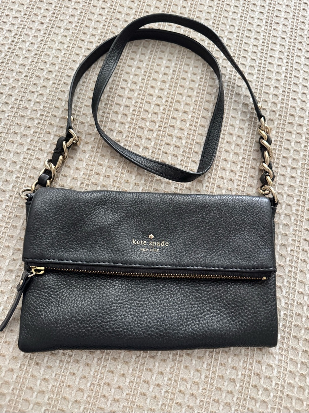 kate spade Black Pebbled Leather Crossbody with Gold Chain Detail